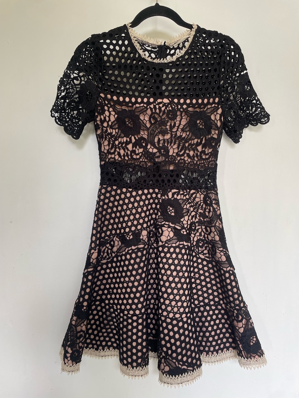 Ellison Black Lace Overlay Midi Dress with Nude Lining & Sheer Lace Waistline
